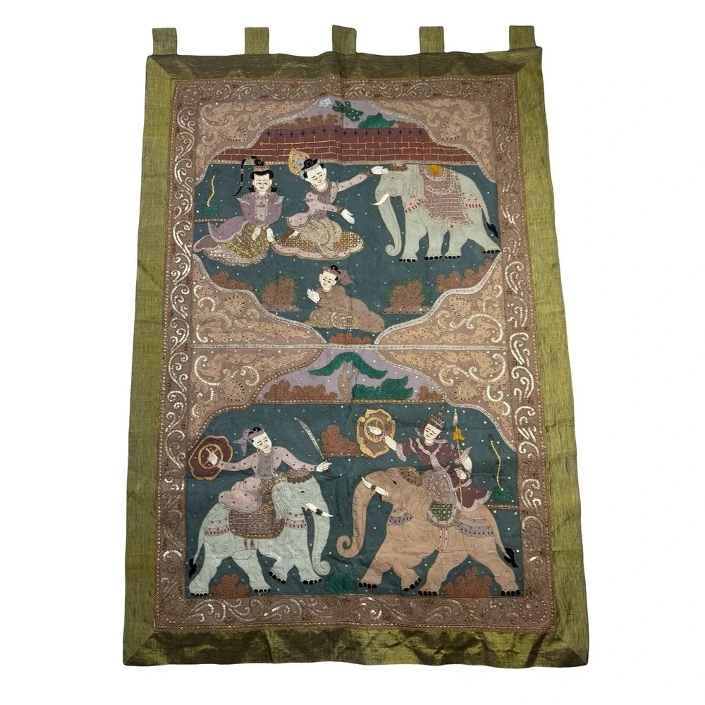 Vintage Thai Kalaga Tapestry Wall Hanging Elephant Applique Sequined Large